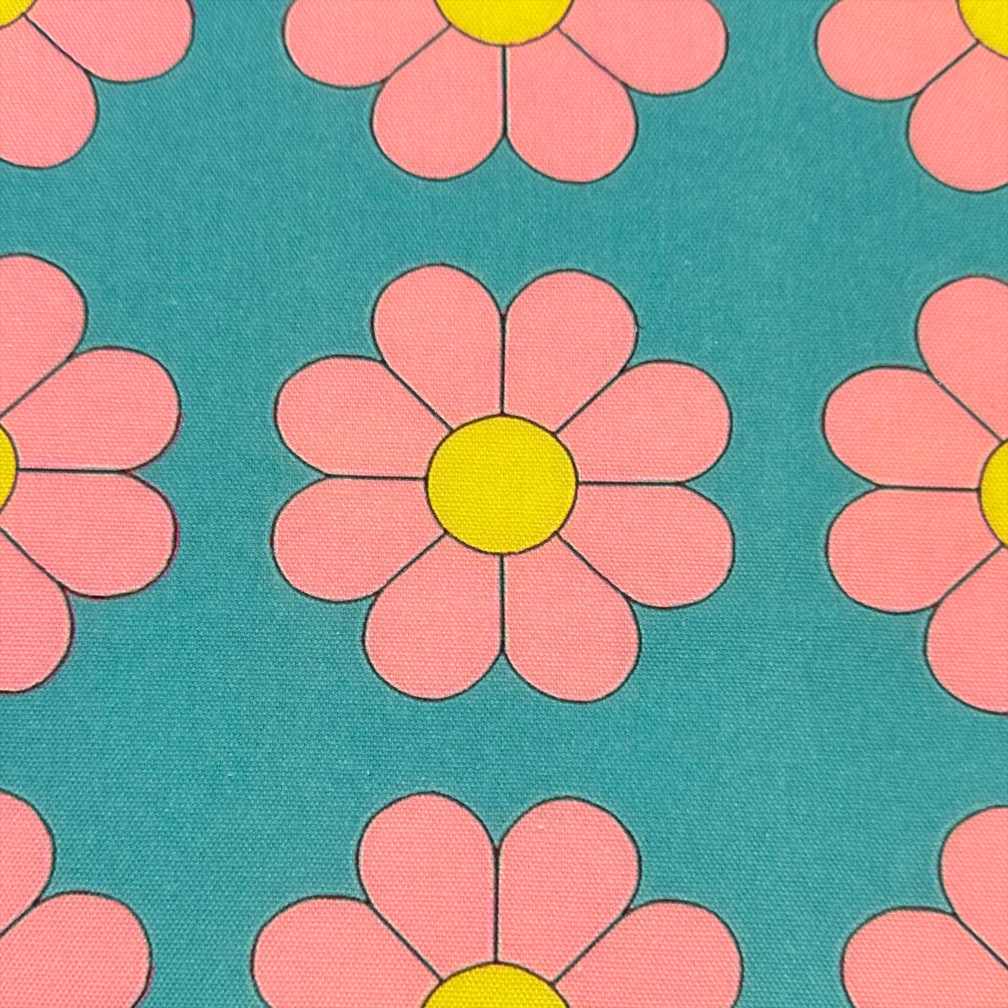 Retro Daisies on Aqua Cotton Oxford Fabric by Nora. Imported from Japan
