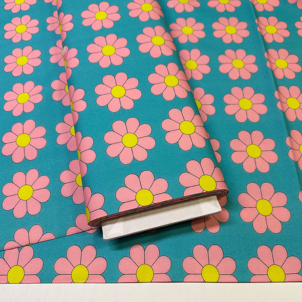 Retro Daisies on Aqua Cotton Oxford Fabric by Nora. Imported from Japan