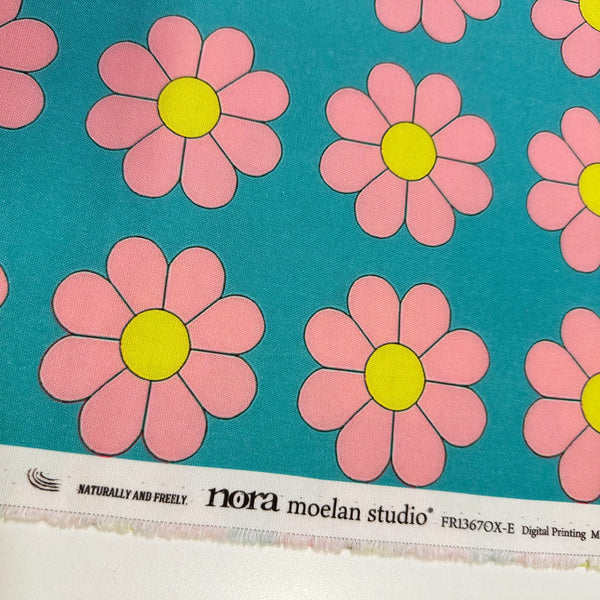 Retro Daisies on Aqua Cotton Oxford Fabric by Nora. Imported from Japan