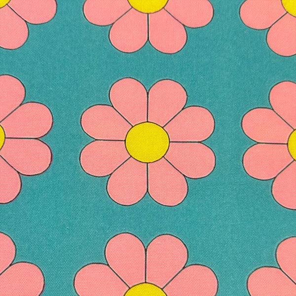 Retro Daisies on Aqua Cotton Oxford Fabric by Nora. Imported from Japan