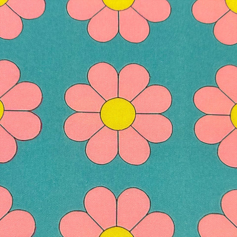Retro Daisies on Aqua Cotton Oxford Fabric by Nora. Imported from Japan