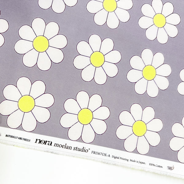 Retro Daisies on Gray Cotton Oxford Fabric by Nora. Imported from Japan 
