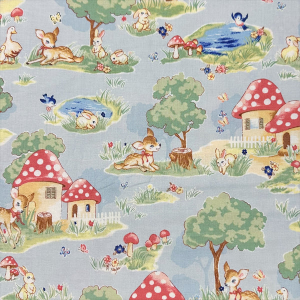 Retro Deer and Mushroom Houses Cotton Fabric in Blue, Un/No for Cosmo Textile