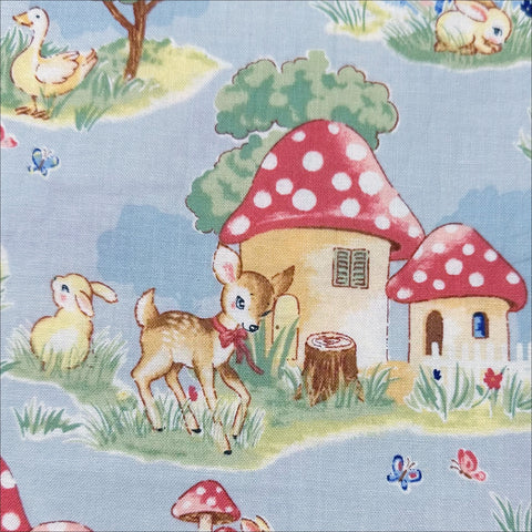 Retro Deer and Mushroom Houses Cotton Fabric in Blue, Un/No for Cosmo Textile