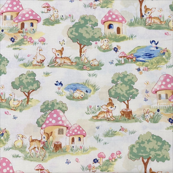 Retro Deer and Mushroom Houses Cotton Fabric in Natural, Un/No for Cosmo Textile