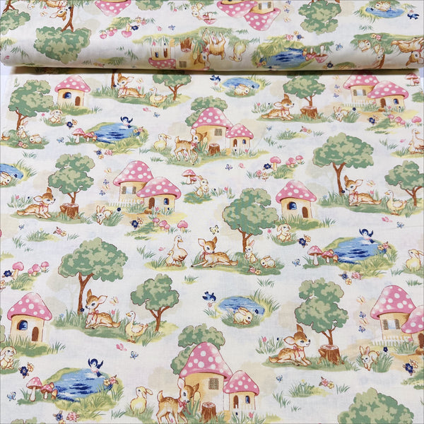 Retro Deer and Mushroom Houses Cotton Fabric in Natural, Un/No for Cosmo Textile