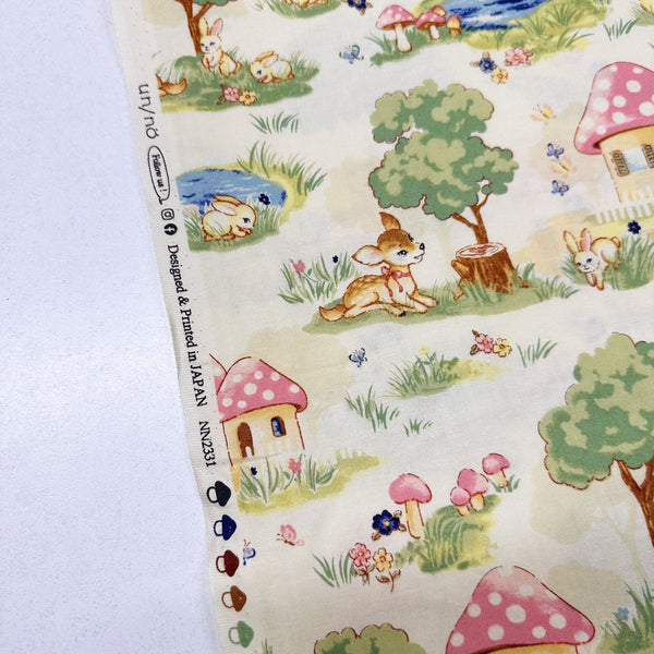 Retro Deer and Mushroom Houses Cotton Fabric in Natural, Un/No for Cosmo Textile