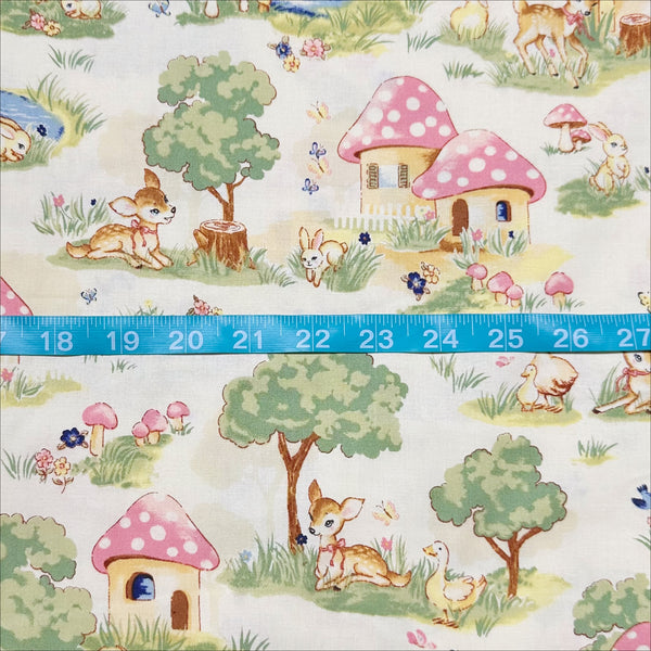 Retro Deer and Mushroom Houses Cotton Fabric in Natural, Un/No for Cosmo Textile