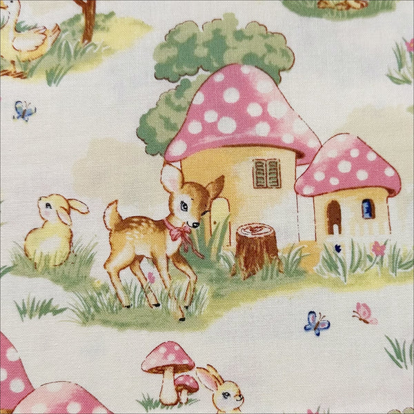 Retro Deer and Mushroom Houses Cotton Fabric in Natural, Un/No for Cosmo Textile