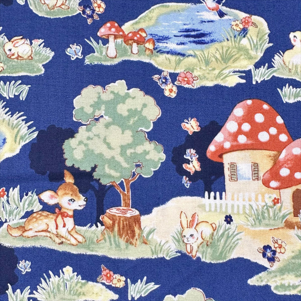 Retro Deer and Mushroom Houses Cotton Fabric in Navy, Un/No for Cosmo Textile