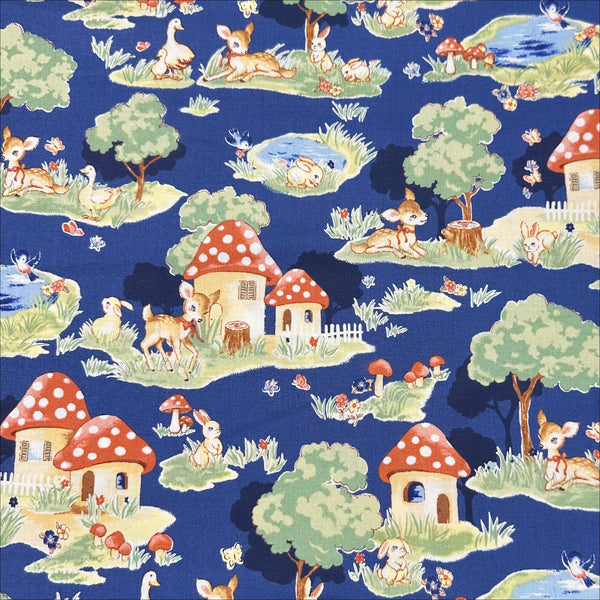 Retro Deer and Mushroom Houses Cotton Fabric in Navy, Un/No for Cosmo Textile
