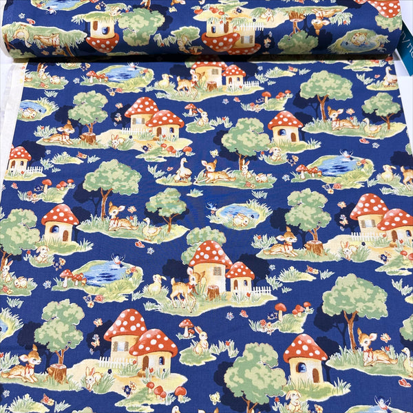 Retro Deer and Mushroom Houses Cotton Fabric in Navy, Un/No for Cosmo Textile