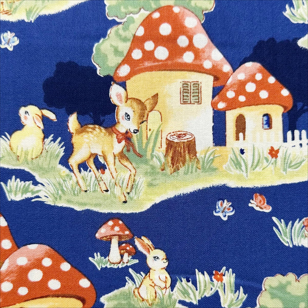 Retro Deer and Mushroom Houses Cotton Fabric in Navy, Un/No for Cosmo Textile