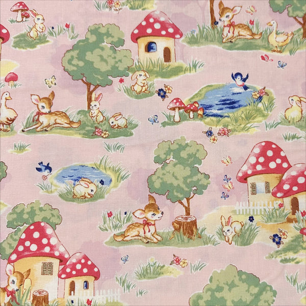 Retro Deer and Mushroom Houses Cotton Fabric in Pink, Un/No for Cosmo Textile