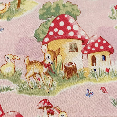 Retro Deer and Mushroom Houses Cotton Fabric in Pink, Un/No for Cosmo Textile
