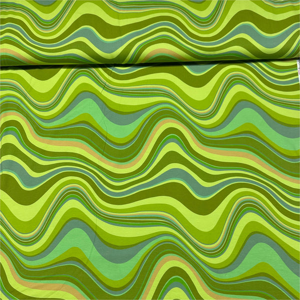 Retro Flow Groovy 70s Cotton Jersey 4 Way Stretch Knit Fabric, Imported from the Netherlands 25026-10 Green