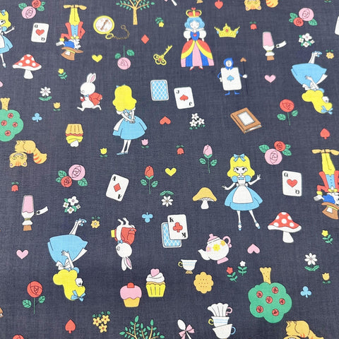 Retro Kawaii Alice In Wonderland Cotton Fabric - Saori Oguchi Imported from Japan, Mushrooms Cards Red Queen, Charcoal