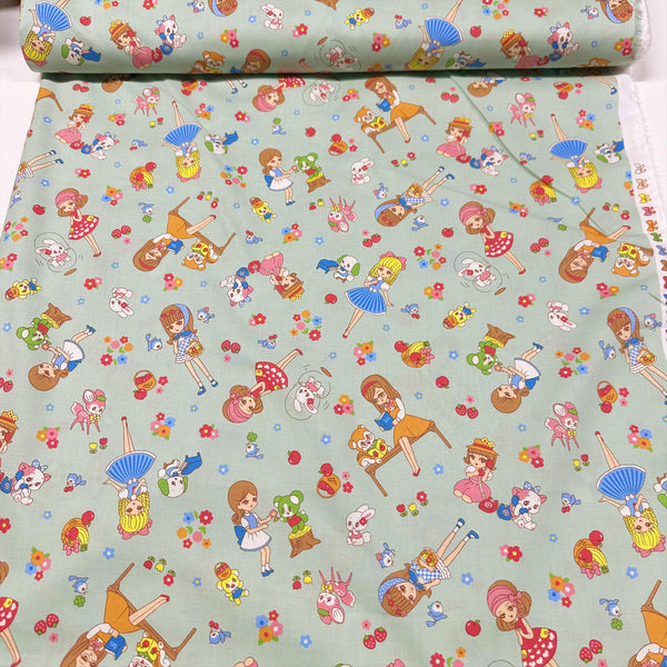 Retro Kawaii Animals and Girls Cotton Fabric by Marron Nagao Imported from Japan, Green