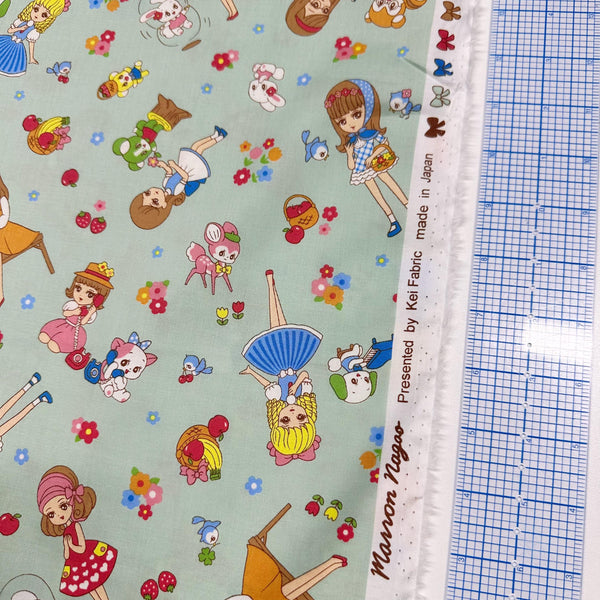 Retro Kawaii Animals and Girls Cotton Fabric by Marron Nagao Imported from Japan, Green