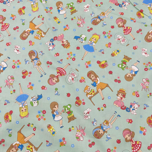 Retro Kawaii Animals and Girls Cotton Fabric by Marron Nagao Imported from Japan, Green