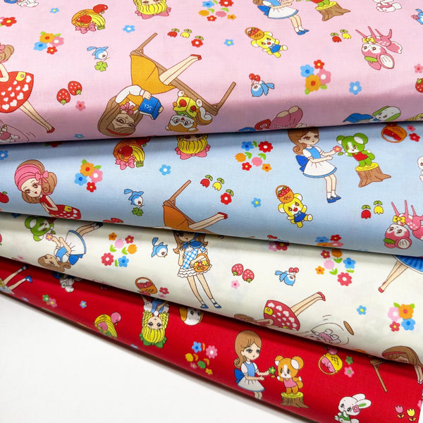 Retro Kawaii Animals and Girls Cotton Fabric by Marron Nagao Imported from Japan, Green