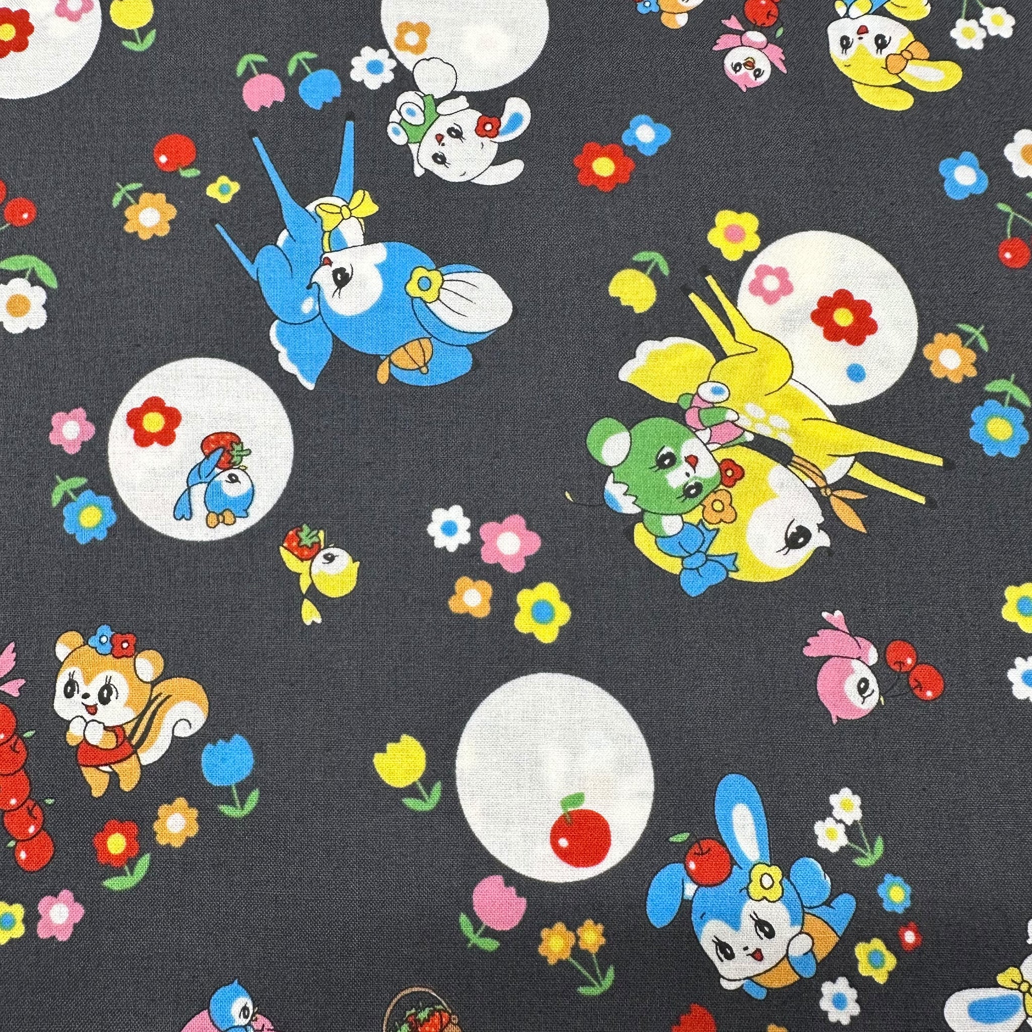 Retro Kawaii Animals and Polka Dots Cotton Fabric by Marron Nagao Imported from Japan, Charcoal