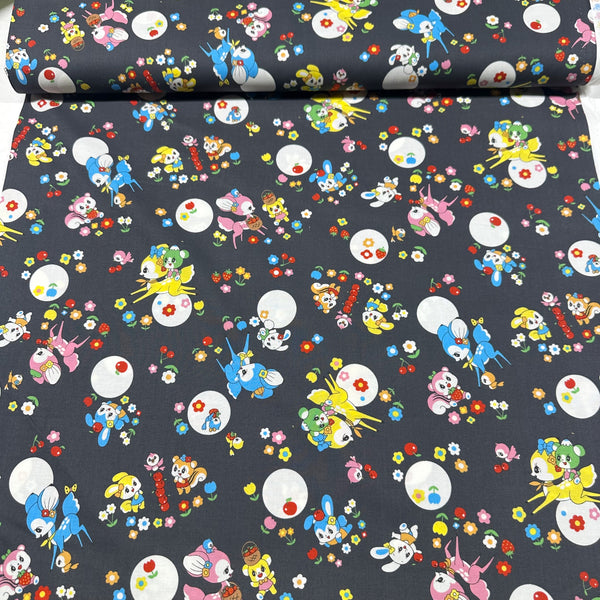 Retro Kawaii Animals and Polka Dots Cotton Fabric by Marron Nagao Imported from Japan, Charcoal