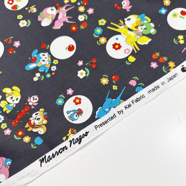Retro Kawaii Animals and Polka Dots Cotton Fabric by Marron Nagao Imported from Japan, Charcoal