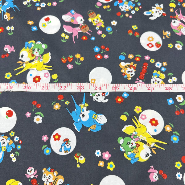 Retro Kawaii Animals and Polka Dots Cotton Fabric by Marron Nagao Imported from Japan, Charcoal
