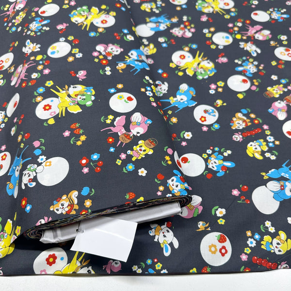 Retro Kawaii Animals and Polka Dots Cotton Fabric by Marron Nagao Imported from Japan, Charcoal