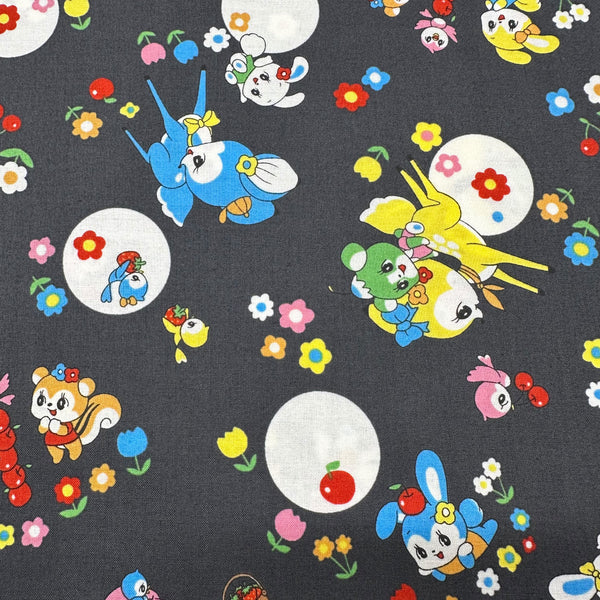 Retro Kawaii Animals and Polka Dots Cotton Fabric by Marron Nagao Imported from Japan, Charcoal