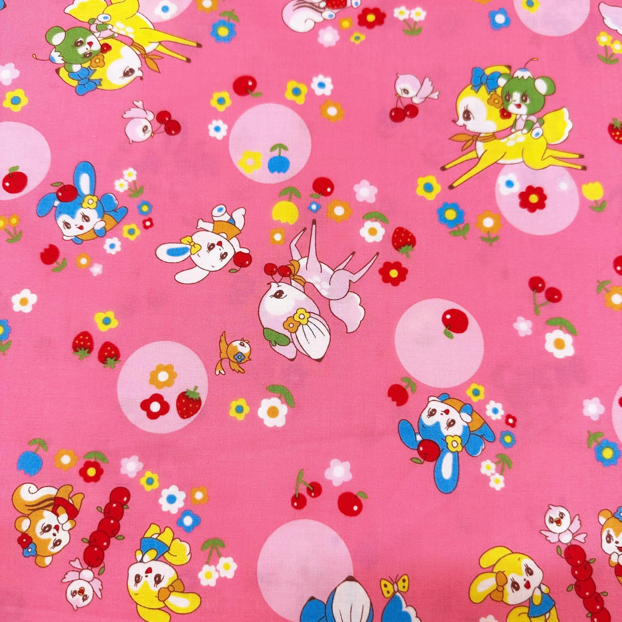 Retro Kawaii Animals and Polka Dots Cotton Fabric by Marron Nagao Imported from Japan, Pink