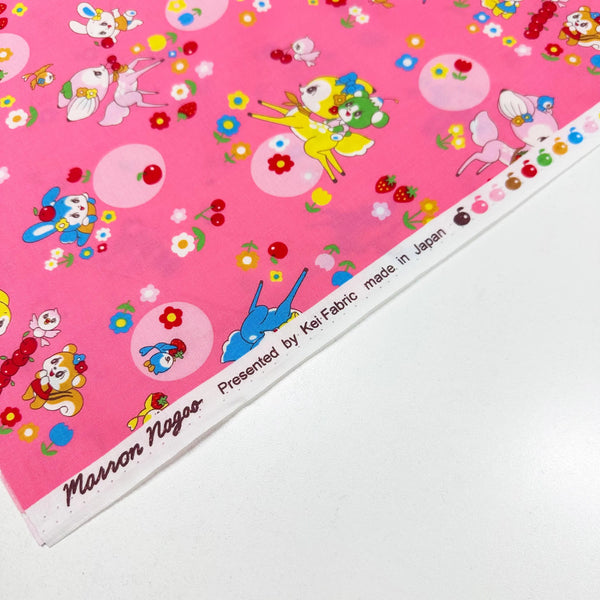 Retro Kawaii Animals and Polka Dots Cotton Fabric by Marron Nagao Imported from Japan, Pink