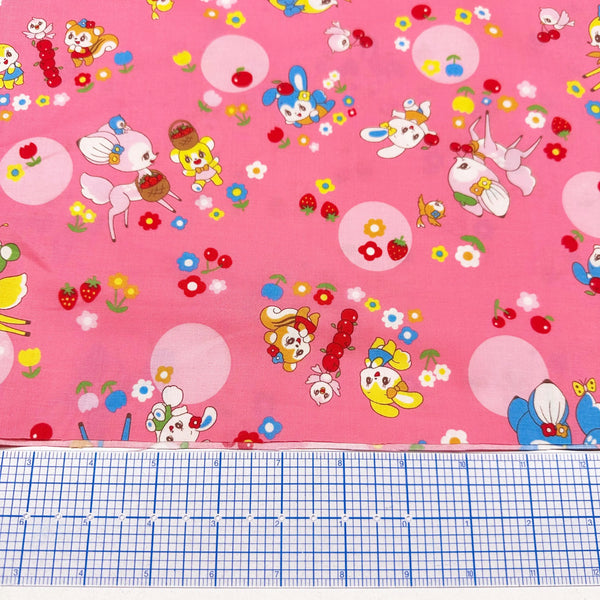 Retro Kawaii Animals and Polka Dots Cotton Fabric by Marron Nagao Imported from Japan, Pink