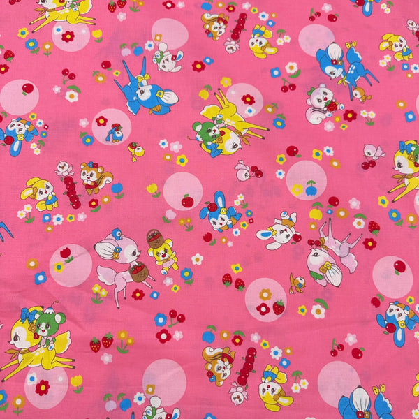Retro Kawaii Animals and Polka Dots Cotton Fabric by Marron Nagao Imported from Japan, Pink