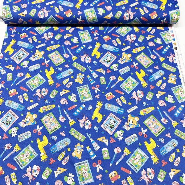 
Retro Kawaii Animals and School Supplies Cotton Fabric by Marron Nagao, Imported from Japan, Blue
