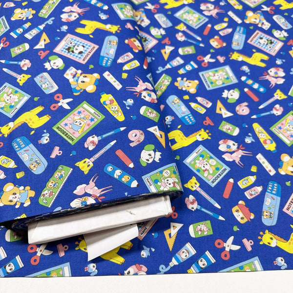 
Retro Kawaii Animals and School Supplies Cotton Fabric by Marron Nagao, Imported from Japan, Blue
