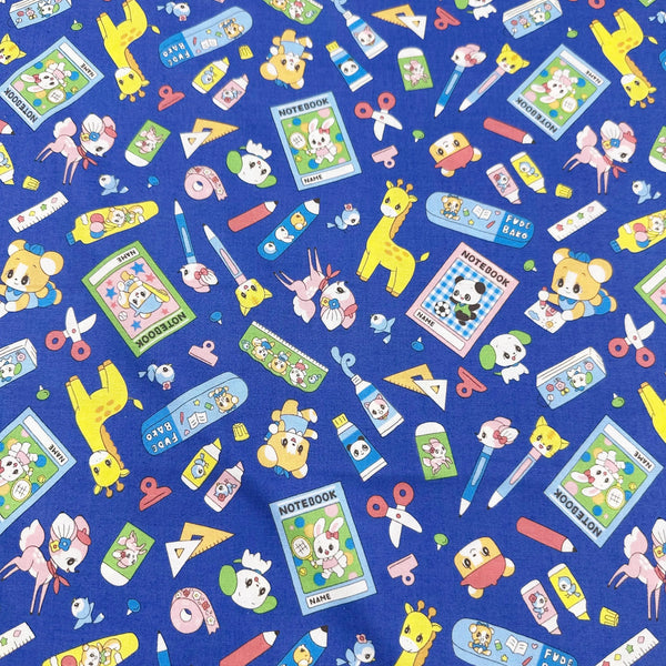 
Retro Kawaii Animals and School Supplies Cotton Fabric by Marron Nagao, Imported from Japan, Blue
