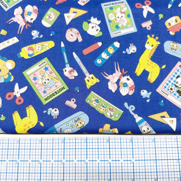 
Retro Kawaii Animals and School Supplies Cotton Fabric by Marron Nagao, Imported from Japan, Blue
