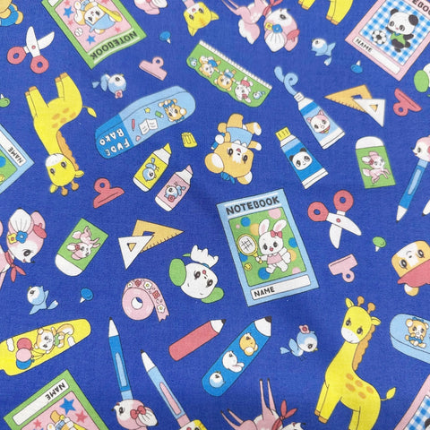 
Retro Kawaii Animals and School Supplies Cotton Fabric by Marron Nagao, Imported from Japan, Blue
