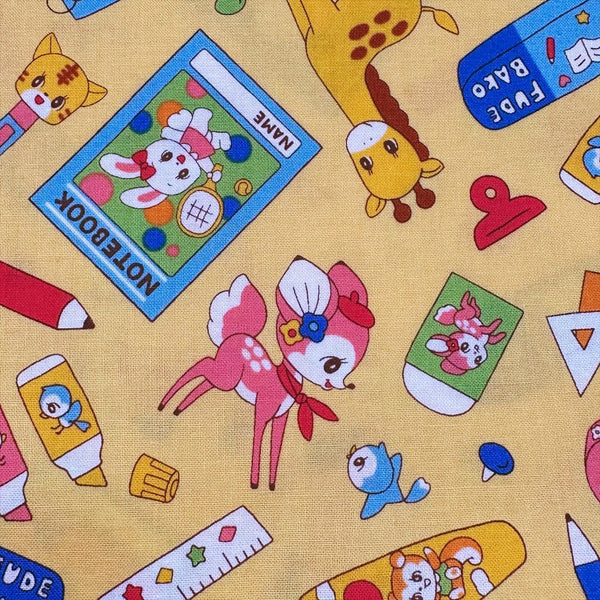 Retro Kawaii Animals and School Supplies Cotton Fabric by Marron Nagao, Imported from Japan, Orange