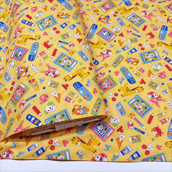Retro Kawaii Animals and School Supplies Cotton Fabric by Marron Nagao, Imported from Japan, Orange