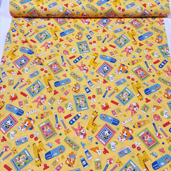Retro Kawaii Animals and School Supplies Cotton Fabric by Marron Nagao, Imported from Japan, Orange
