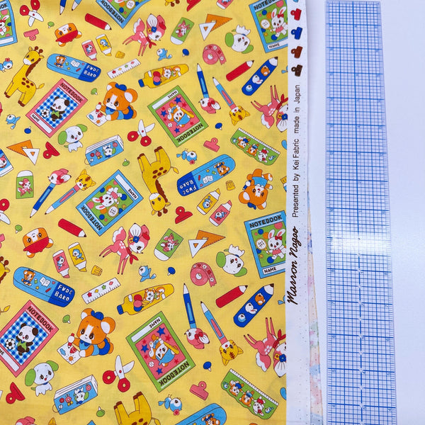 Retro Kawaii Animals and School Supplies Cotton Fabric by Marron Nagao, Imported from Japan, Orange