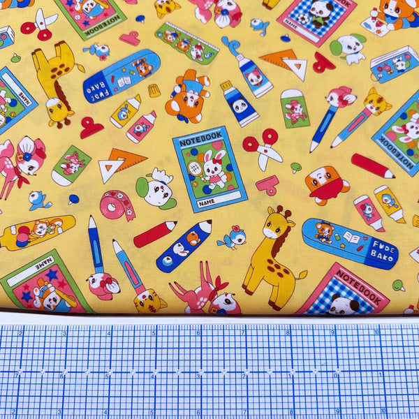 Retro Kawaii Animals and School Supplies Cotton Fabric by Marron Nagao, Imported from Japan, Orange