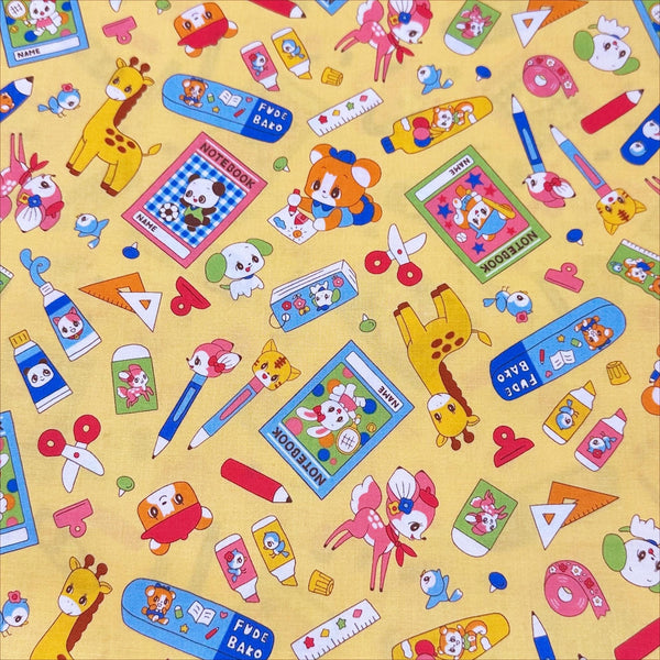 Retro Kawaii Animals and School Supplies Cotton Fabric by Marron Nagao, Imported from Japan, Orange