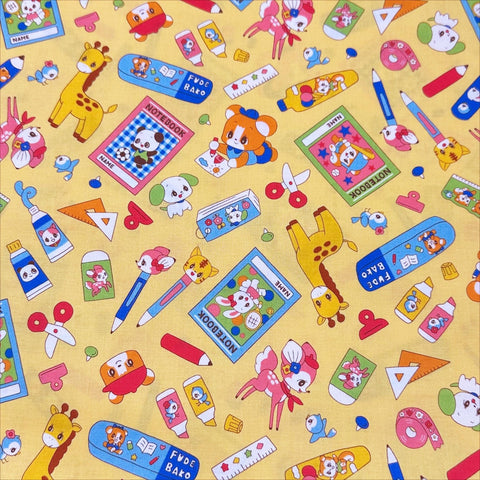 Retro Kawaii Animals and School Supplies Cotton Fabric by Marron Nagao, Imported from Japan, Orange