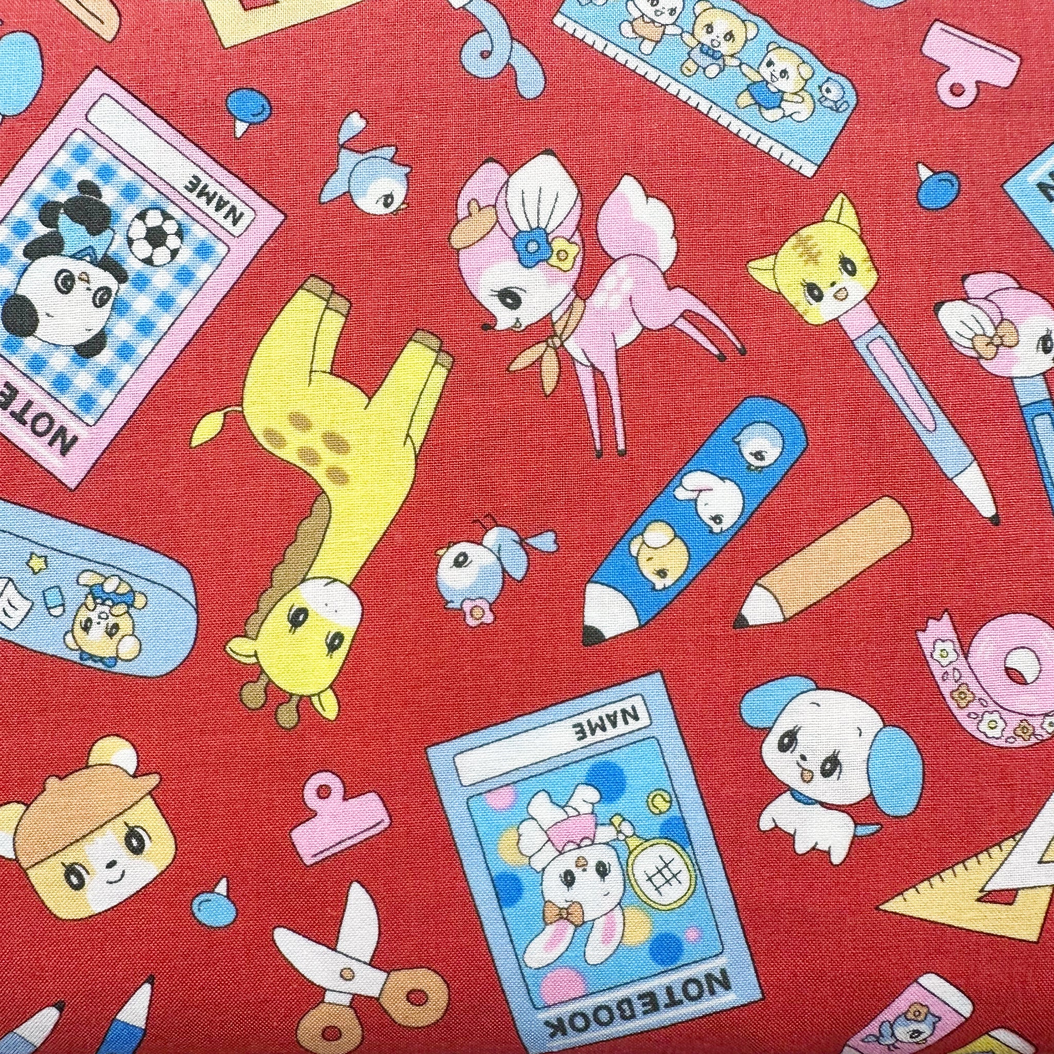 Retro Kawaii Animals and School Supplies Cotton Fabric by Marron Nagao, Imported from Japan, Red 