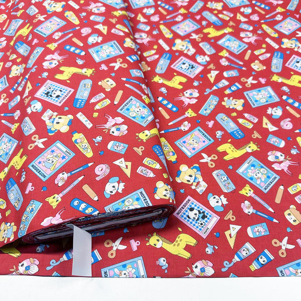 Retro Kawaii Animals and School Supplies Cotton Fabric by Marron Nagao, Imported from Japan, Red 