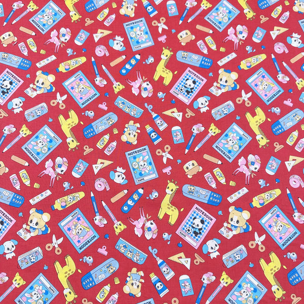 Retro Kawaii Animals and School Supplies Cotton Fabric by Marron Nagao, Imported from Japan, Red 